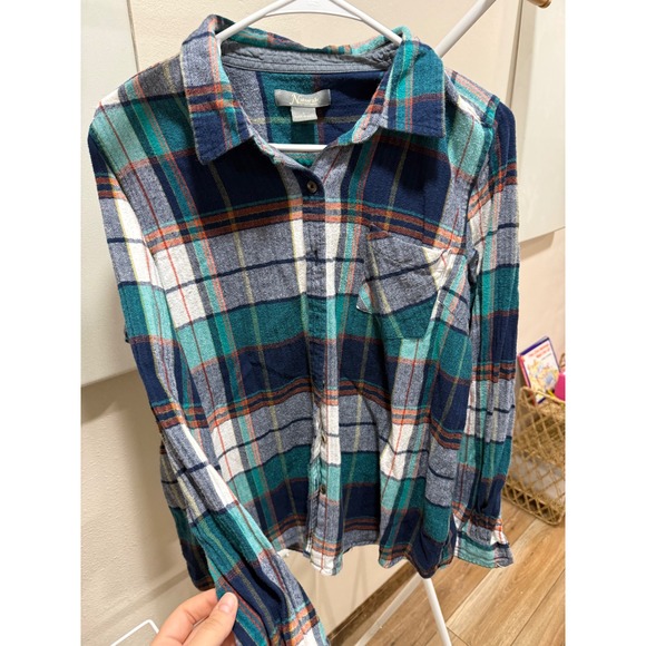 Natural Reflections Tops - Cottagecore Lumberjack plaid outdoor‎ Flannel Teal Large Natural Reflections